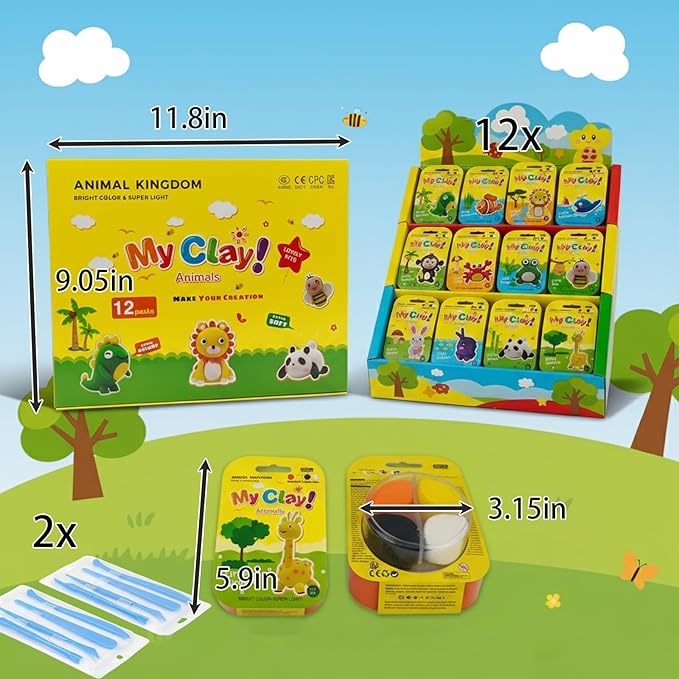 Air Dry Clay Kit, 12 Animals Kingdom Modeling Clay for Kids, DIY Model Magic Clay with Tools&Idea Cards, Soft&Non-Sticky, Safe&Non-Toxic Magic Clays, Creatible Art Crafts Toys Gifts for Boys Girls