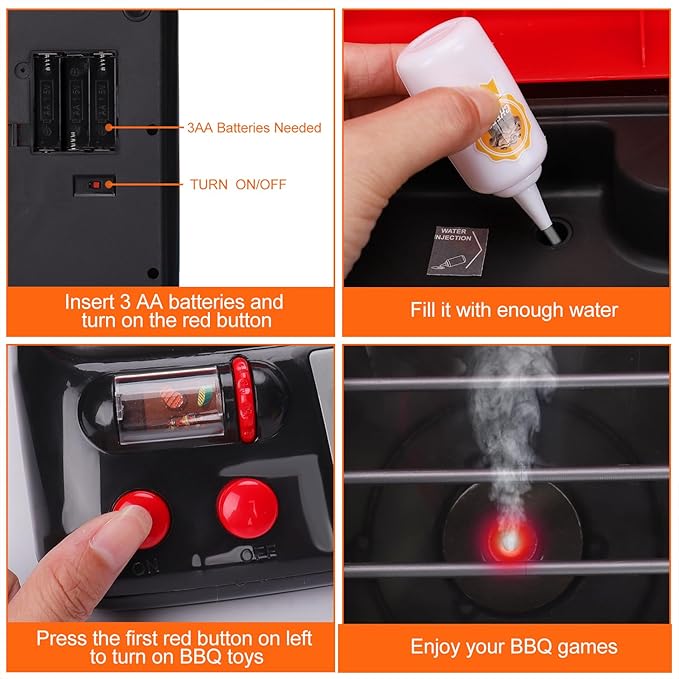 Kids Grill Playset Kitchen Toys with Apron Hat for Cooking Food Smoke Light Outdoor Pretend Play Accessories BBQ Outside Camping Barbecue Toddler Boy Toy 3 4 5 Year Old 4-8 Birthday Gift Valentine