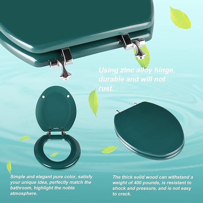 Dark Green Elongated Toilet Seat Natural Wood Toilet Seat with Zinc Alloy Hinges, Easy to Install also Easy to Clean, Scratch Resistant Toilet Seat by Angol Shiold (Elongated, Dark Green)