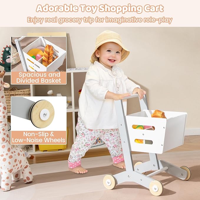 Costzon Kids Grocery Store Playset, Convertible Wooden Play Store w/Shopping Cart, Scanner, Chalkboard & Checkout Belt, Toddler Pretend Supermarket Checkout Stand for Boys & Girls