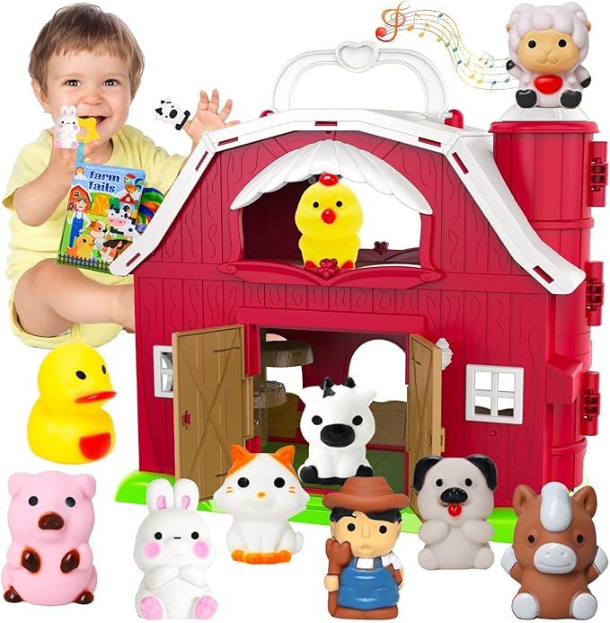 Kimicare Musical Red Barn Toy Farm Animal Finger Puppets for 3 4 5 Years Old, Animal Figures Playset with Farm Baby Book, Sensory Learning Toys Birthday Gifts Christmas Stocking Stuffers