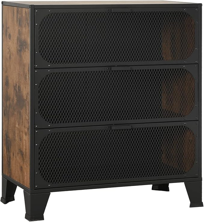 Storage Cabinet, Rustic Brown Metal and MDF Compact Cabinet with Multiple Shelves, 28.3x14.2x32.3 Inches, for Living Room, Office, or Bedroom