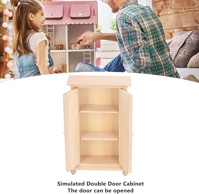 1:12 Dollhouse Wardrobe, Wooden Miniature Double Door Closet Furniture Accessory for Bedroom Living Room