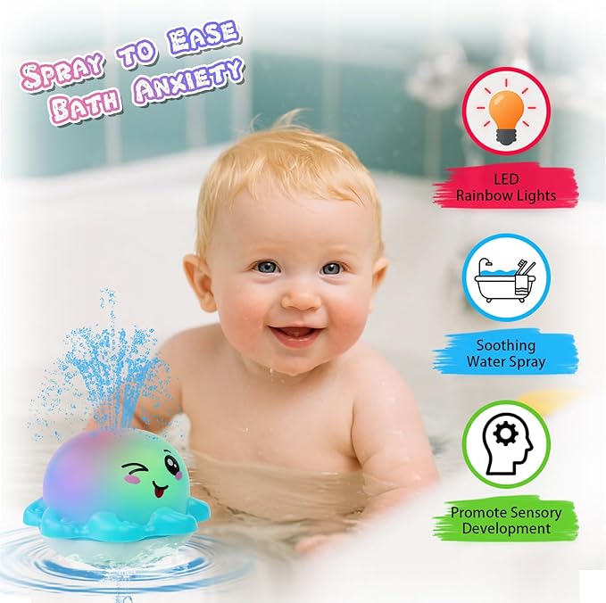 ArtCredit Light Up Bath Toy Sprinkler for Babies, Rechargeable Bathtub Pool Water Toys Baby Gifts for Toddlers, Shower Essentials (Blue Octopu)