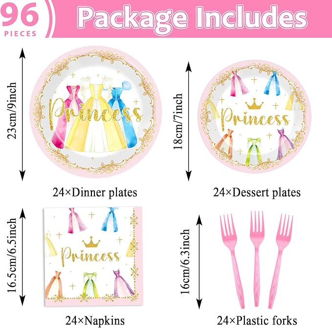 96Pcs Princess Birthday Party Decorations Princess Themed Tableware Castle Dress Plates Napkins Forks Crown Dinnerware Party Supplies for Girls Bridal Engagement Baby Shower Serve 24 Guests