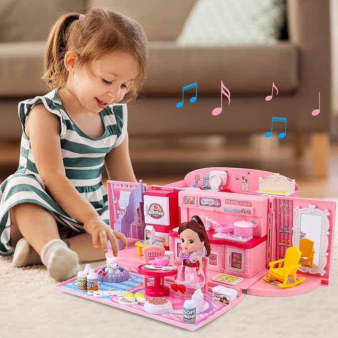 deAO Doll Houses Portable Backpack for Girls with Doll Toy House with Light and Music Baby Dollhouse Furniture for 3 to 8 Years Olds Toddler Kids