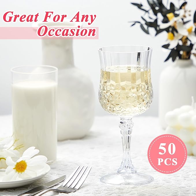 Pinkunn 50 Pcs 7 oz Plastic Vintage Wine Glasses Reusable Colored Goblets Patterned Drinking Water Glasses Cup Dishwasher Safe for Valentine's Day Wedding Reception Party Supplies (Transparent)