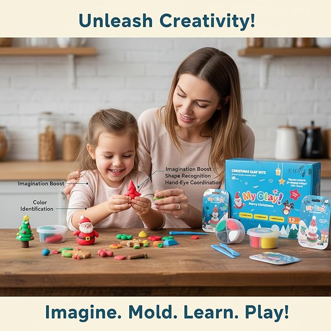 Air Dry Clay for Kids, 12 Christmas Modeling Clay DIY Model Magic Clay Kit with Tools&Tutorials, Soft&Non-Sticky, Safe&Non-Toxic, Creatible Art Crafts Toys Gifts for Kids,Christmas Crafts Xmas Gift