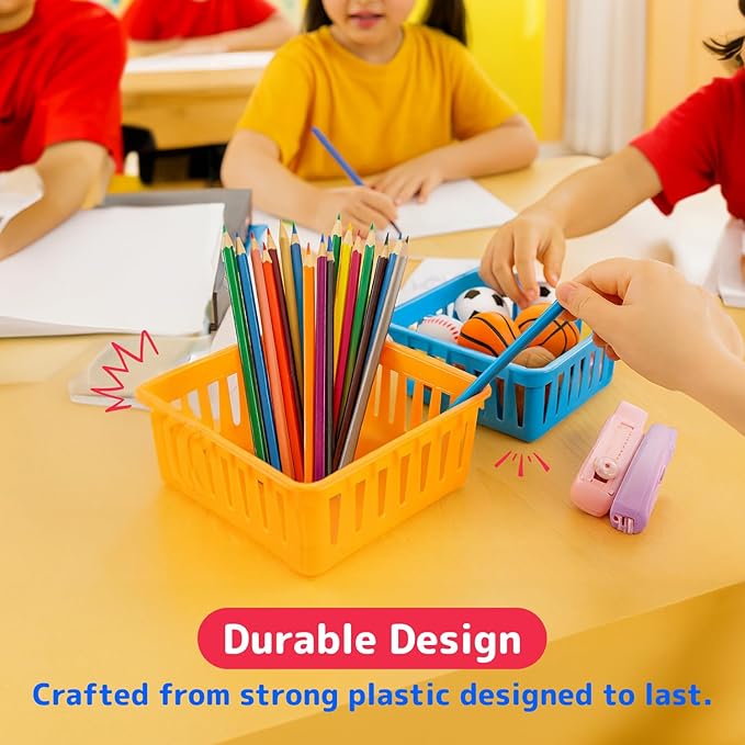 PREXTEX Classroom Storage Baskets - Crayon & Pencil Container - Classroom Organization - Multicolor Plastic Square Baskets, 5x5x3 Inches, 12 Count