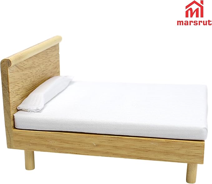Doll House Bed Miniature 1:12 Dollhouse Bedroom Furniture for 6 Inch Dolls Wooden Single Beds with Bedding Fabric, 1/12 Scale Vintage Victorian Mini Accessory DIY Scene Decoration Home Props Modern