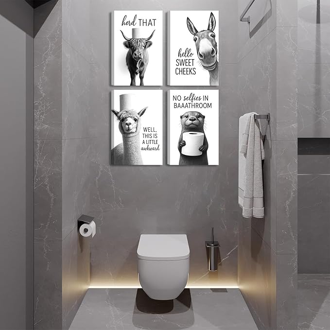 Funny Bathroom Wall Art Set of 4 Black and White Bathroom Wall Decor Toilet Paper Pictures Cute Humorous Animal Posters Prints Toilet Signs Painting Artwork Decoration 8x10in