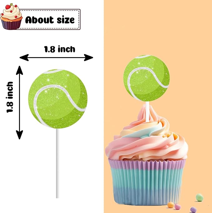 18 PCS Tennis Cupcake Toppers for Birthday Baby Shower Sport Tennis Ball Racket Player Cake Decor Picks Green GlitterTennis Party Decorations Supplies