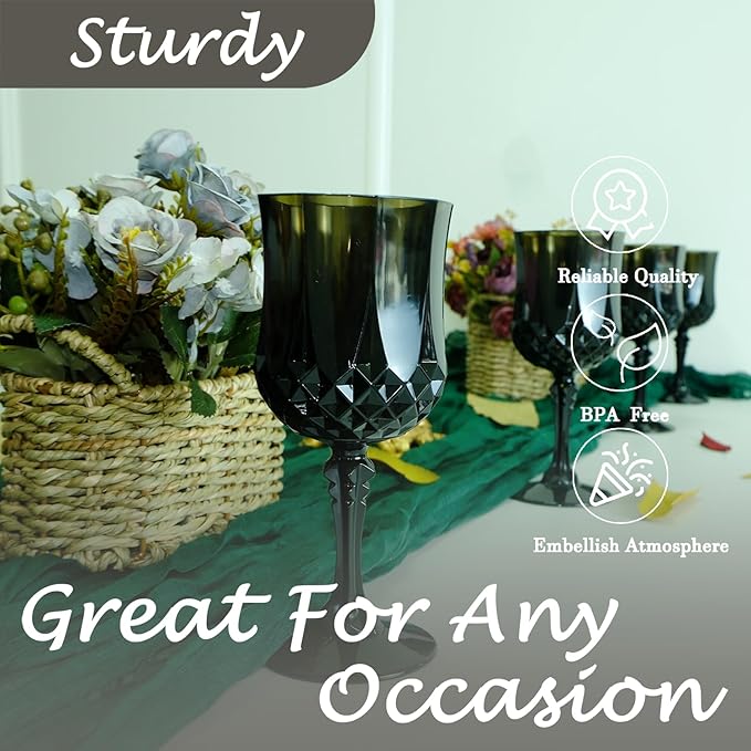 LEYIQU Plastic Wine Glasses, Plastic Goblets Vintage Style Cordial Drinking Glasses for Valentine’s Day, Wedding Reception, Grand Event Party Supplies (24, Black)