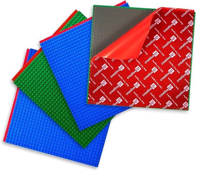 Creative QT Peel & Stick Blocks Base Plate - 10 x 10 in, 4-Pack, Blue & Green - Stackable Building Toy for Play Tables & Wall Panels - Adhesive Baseplate Compatible with Lego & Other Major Brands