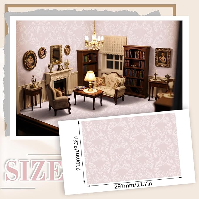 Flutesan 12 Pcs Miniature Dollhouse Wallpaper and Flooring Peel and Stick Mini DIY Self Adhesive Dollhouse Accessories 8.27 x 11.69 Inch (Vintage Pink)