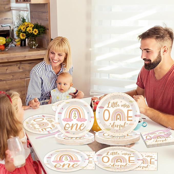 96Pcs Boho Rainbow Party Decorations Miss Little One Derful 1st Themed Tableware Rainbow First Birthday Plates Napkins Forks Onederful 1st Dinnerware Supplies for Baby Shower Birthday Serves 24 Guests