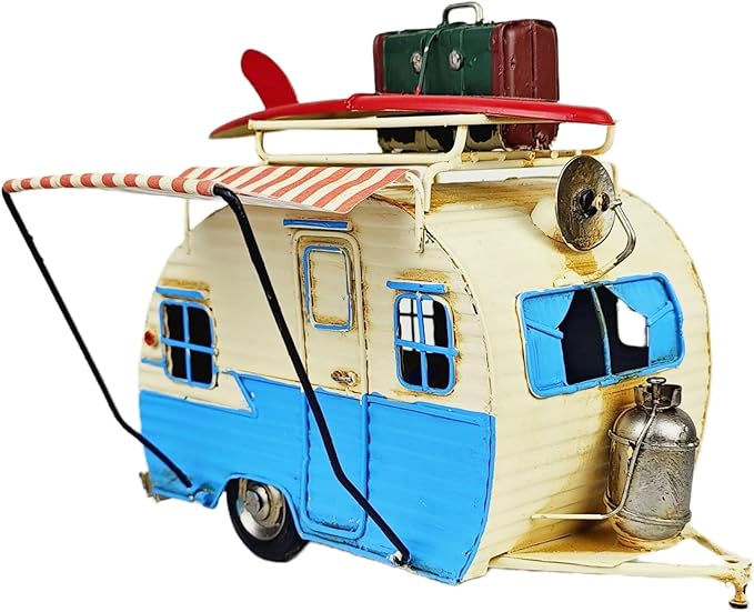 Travel Car Model Camper Van Trailer RV Motorhome Iron Vehicles Campsite Retro Industrial Steampunk Cute Diecast Decor Present Surprise for Boyfriend Caraholic Travelogue Adventurers Man