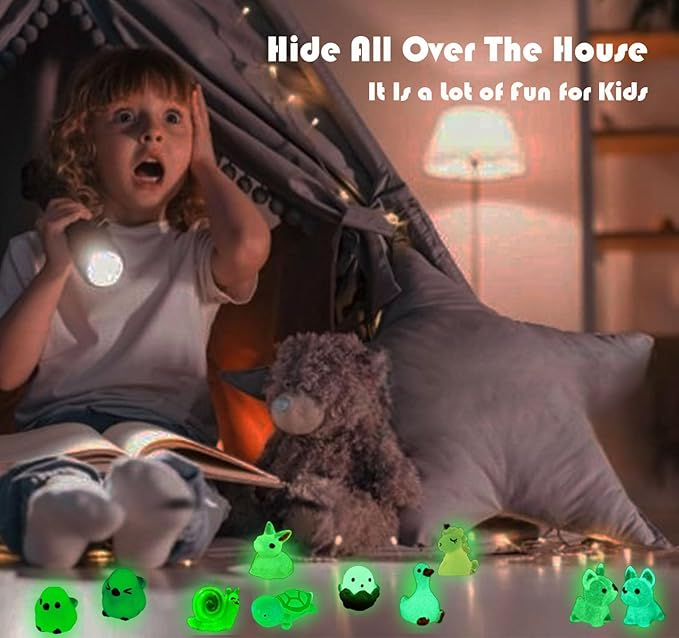 50 Pcs Luminous Mini Resin Animals, Glow in The Dark Tiny Ducks, Frogs, Birds, Rabbits, Cute Dollhouse Miniatures for Mystery Blind Bag, Crafts, Fairy Garden, Home and Office Décor