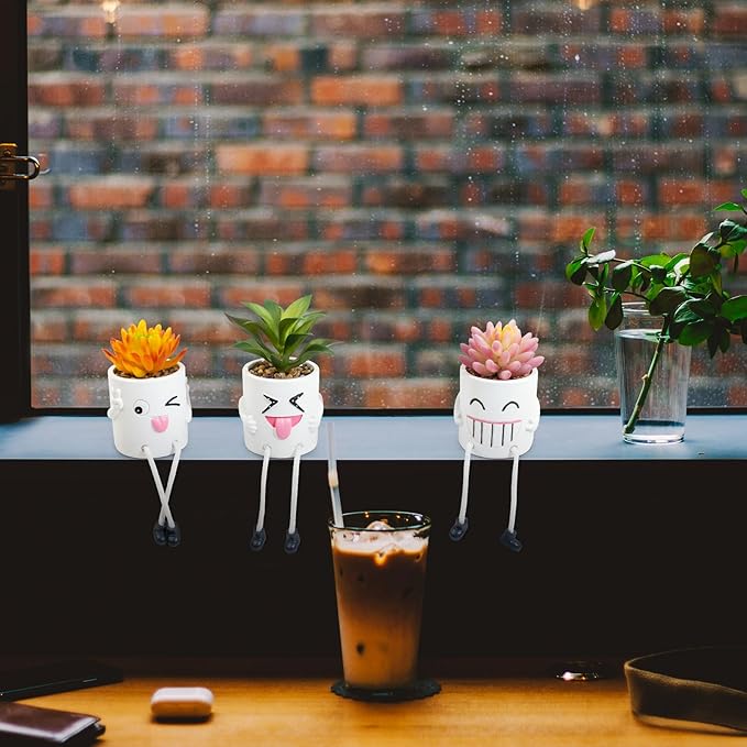 LUZOGA 3 Pcs Cute Fake Plant Mini Potted Succulents with Hanging Leg White Pot Creative Artificial Succulent Plants in Funny Pot Faux Succulents for Home Office Shelf Desk Decor and Gift Choice