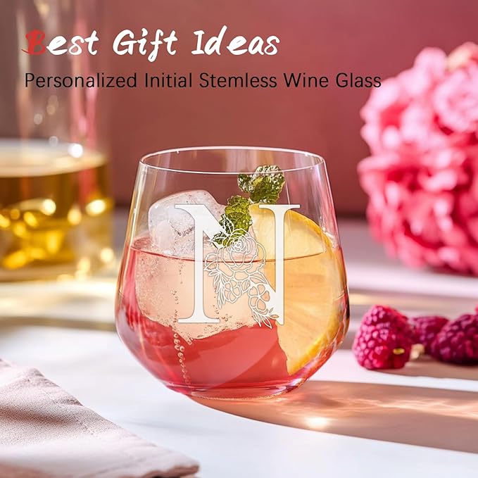 Personalized Gifts for Women, Monogrammed A-Z Wine Glass Customized Gift, Unique Christmas Birthday Gifts for Women Her Mom Friend Sister Wife Daughter Nurse - Dishwasher Safe (N)