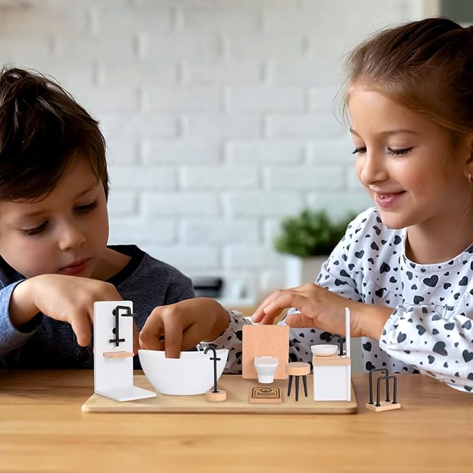 Gatuida Miniature Dollhouse Bathroom Accessories Set, 1:12 Scale, 8-Piece Assorted Color, Wood and Plastic, Includes Sink, Bathtub, Toilet, and More, for Dollhouse Decoration and