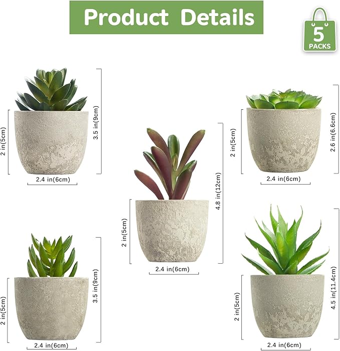 Dominow Artificial Succulent Plants in Pots, Set of 5 Mini Fake Succulents for Indoor Home Decor, Small Faux Potted Greenery for Office Desk, Shelf, Bathroom, or Modern Boho Rustic Room Decoration