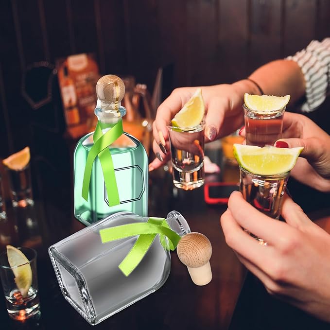 Baderke 12 Pcs 100ml/3.4oz Patron Shot Bottles Empty for Drinks Mini Tequila Shot Bottles Patron with Cork Lids Green Ribbon Reusable Glass Bottle for Weddings Birthday Party Favors DIY Crafts