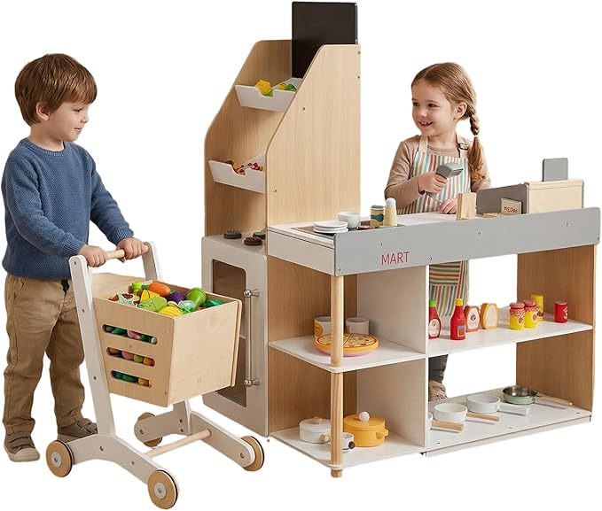 Costzon Grocery Store Pretend Play, Wooden Play Store, Toddler Supermarket Playset with Cash Register, Vending Machine, Chalkboard, Kids Grocery Store Playset, Gift for Boys & Girls