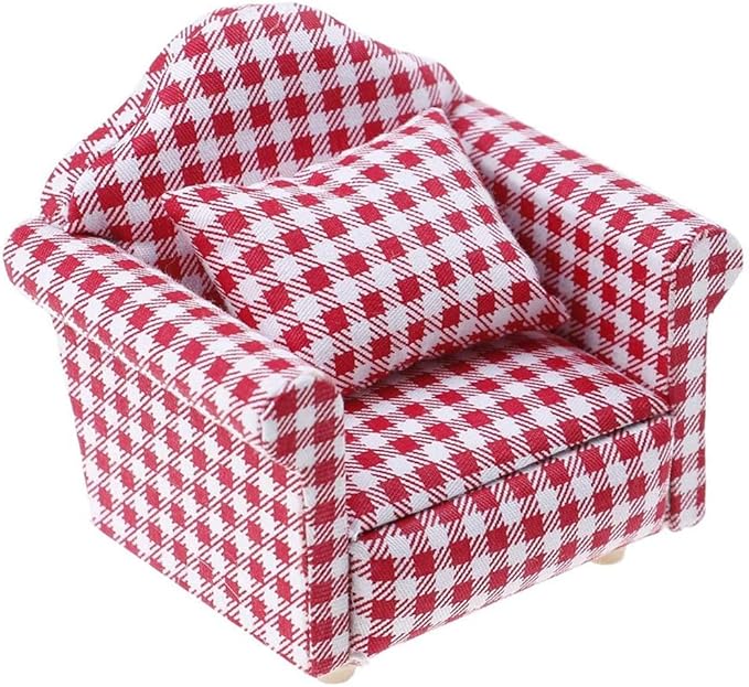 2 Sets 1:12 Scale DIY Dollhouse Sofa&Armchair with Pillow Mini Dolls House Furniture Couch&Chair Miniature Wooden Furniture Handmade Crafts Supplies Red Checkered Dollhouse Toy Dollhouse Accessories
