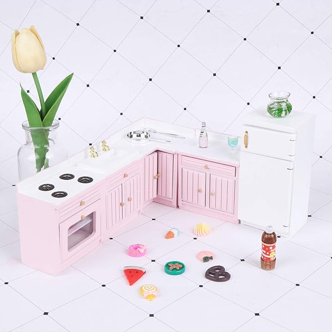 Haomian Dollhouse Kitchen Furniture Kit 1:12 Dollhouse Miniature Wooden Kitchen Cabinet Fridge Set Dining Room Furniture for 1:12 Doll House Miniatures Scenes Accessories