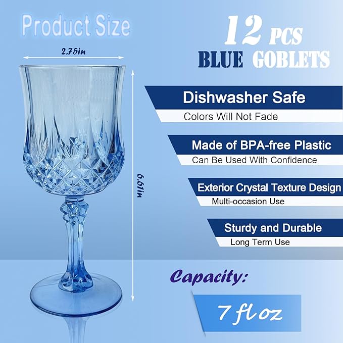 Veiuwa 12 PCS Blue Plastic Wine Glasses,Reusable Plastic Wine Glasses,Blue Goblet Glass,Durable and Sturdy Cups Can Be Used for Various Parties Such as Weddings!
