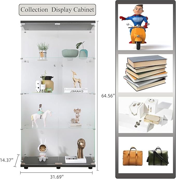 Display Cabinet with Glass Doors, 4-Tier Curio Cabinet with LED Lights for Collectibles (2700K-6000K), Glass Display Case with Remote Control