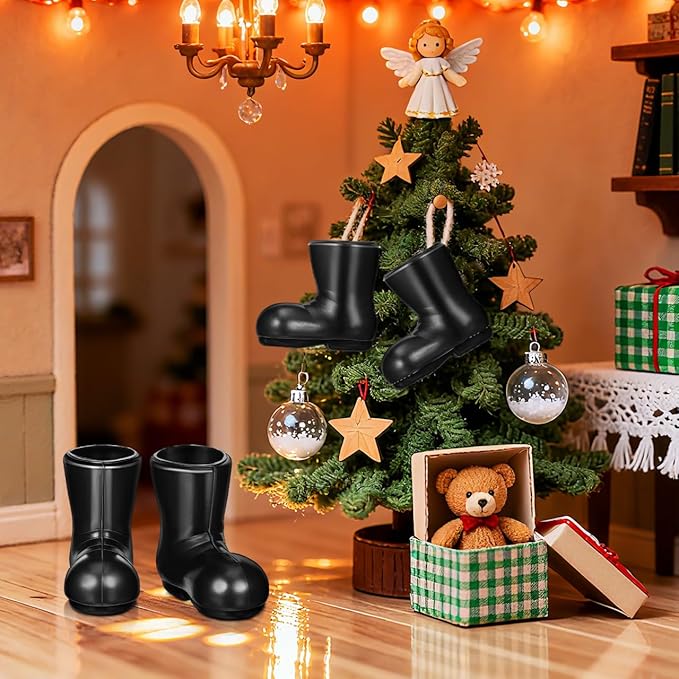 Miniature Christmas Boots Model - 12 Pcs Black Tiny Santa Claus Boots for Dollhouse Decor Plastic Santa Shoes Ornament Festival Desktop Decoration 1.18X1.06X0.51 Inch