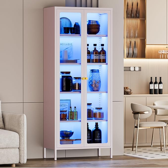 5-Tier Display Cabinet with 13-Color Light, 67" Tall Bookcase Bookshelf with Glass Doors & Adjustable Shelves, Metal Storage Cabinet Display Case for Collectibles Curios Trophies - Pink