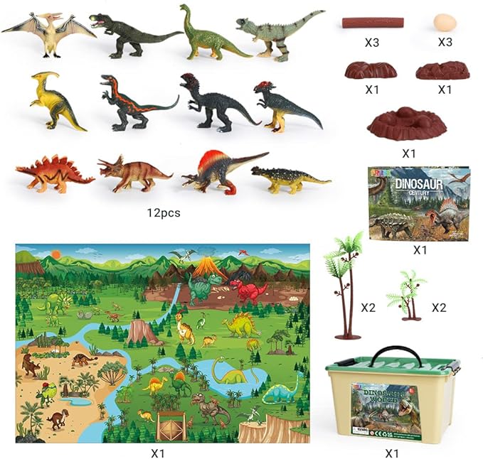 FRUSE Jurassic Dinosaur Toys Figures,12 PCS Realistic Large Dinosaur Figurines with Jumbo Play Mat & Information Dino Book,Educational Dino Figure Playset Cake Topper Decoration for Kids