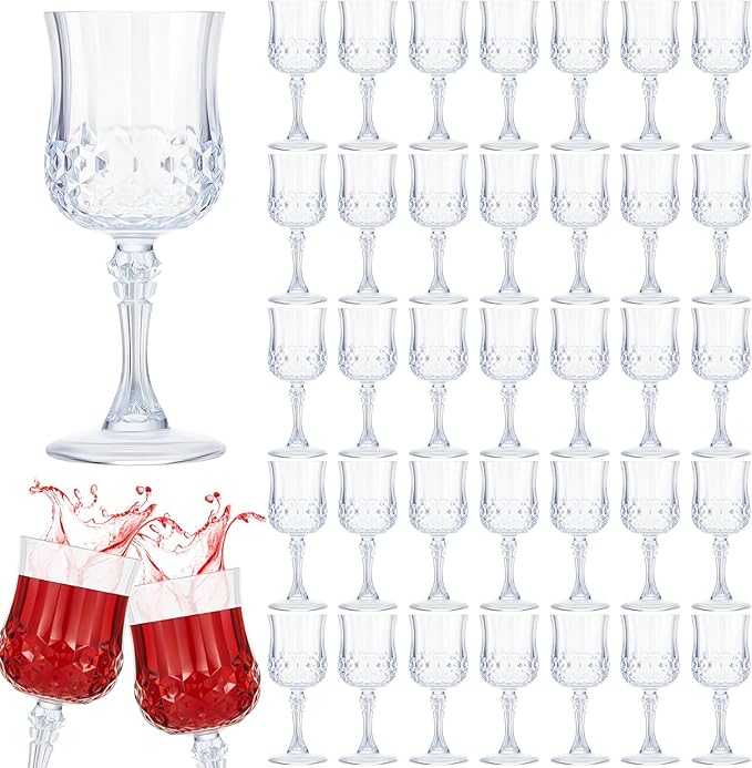 Pinkunn 50 Pcs 7 oz Plastic Vintage Wine Glasses Reusable Colored Goblets Patterned Drinking Water Glasses Cup Dishwasher Safe for Valentine's Day Wedding Reception Party Supplies (Transparent)
