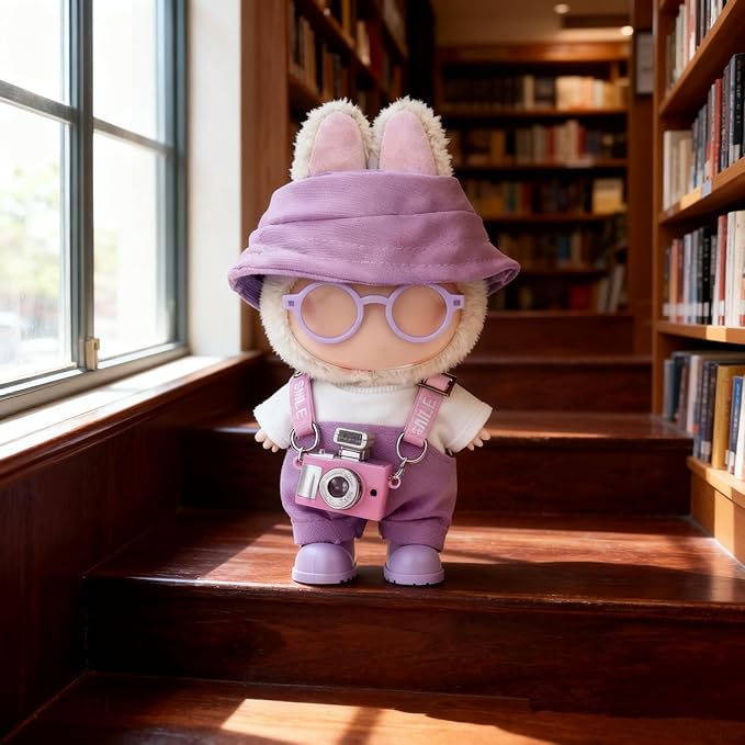 17cm Clothes Set(NO Doll), Hat & Overalls & Shirt & Shoes & Glasses & Camera Set for 17cm Accessories Suit, Stylish Dolls Clothes Accessories, Cute Clothes for Dress up Unique Style (Purple)
