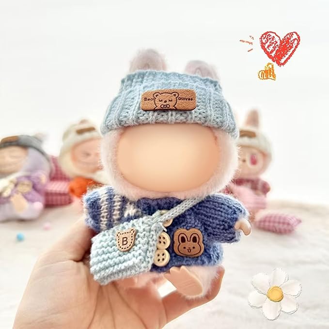 Clothes for LABUBU Doll (NO Doll), Handcrafted Crochet 3-Piece Accessories for LABUBU 17cm Dolls, Premium Outfit - Bunny Sweater + Hat + Bag, Cute Clothes for Dress up Unique Style (Blue)