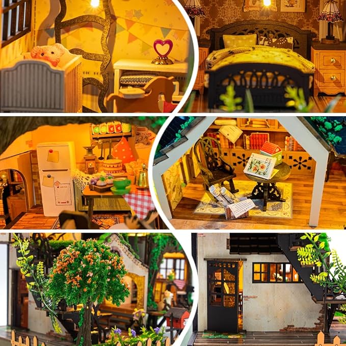 Yuzhen DIY Miniature Dollhouse with Furniture and LED Lights, Wooden Dollhouse Includes Dustcover and Music Movement, Delicate Home Decor