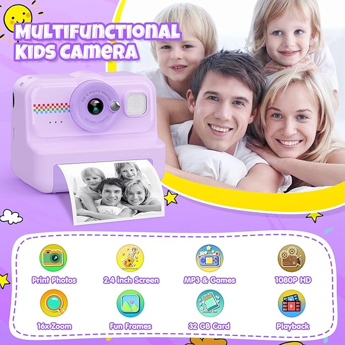 Kids Camera Instant Print, 1080P HD Instant Print Camera for Kids with 3 Rolls Print Paper & 32GB Card, Selfie Digital Camera for Kid, Ideal Kid Toys Gifts for Boys & Girls Age 3-14 (Purple)