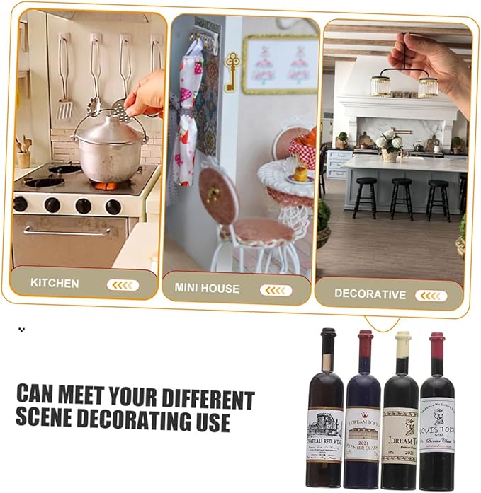 KONTONTY 12pcs Scale Miniature Red Wine Bottles for Doll House Accessories Realistic Plastic Simulation Lightweight Decorative with Mixed Color Caps for Miniature Furniture and Model
