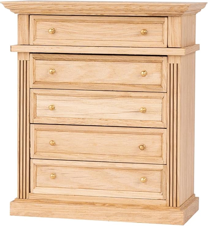 Waldosia 1:12 Scale Dollhouse Miniature Oak Dresser – 5-Drawer Wooden Chest for Bedroom, Roombox, Booknooks and Dioramas Furniture