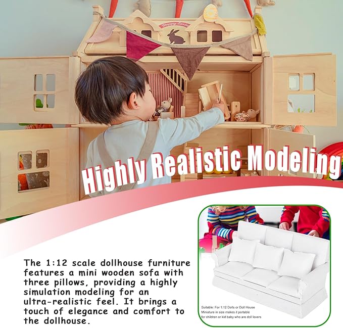 1:12 Scale Dollhouse Sofa with 3 Pillows, Miniature White Wooden Living Room Furniture for Doll House, Realistic DIY Scene Decoration and Collectible Accessory