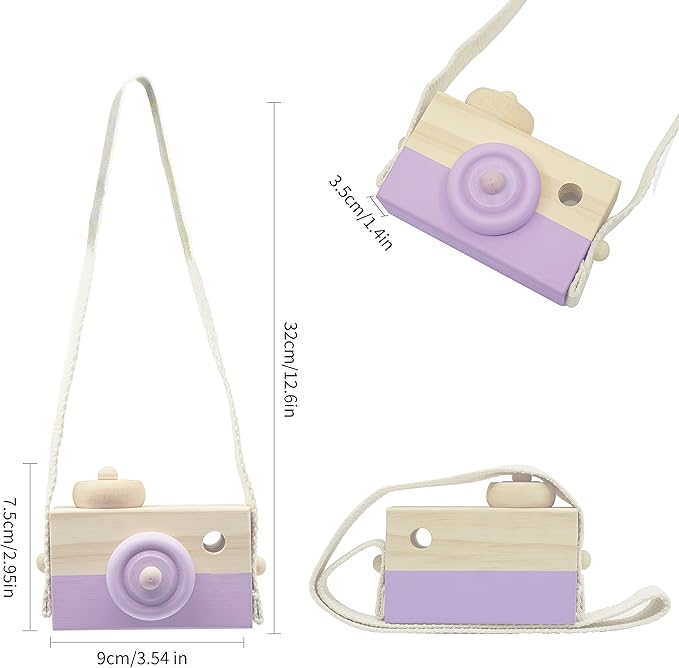 Cynzia Baby Wooden Mini Camera Toy, Kid Cute Mini Sharpe Toy Neck Hanging Photographed Props for Toddlers Children Kids' Room Hanging Decor Gift (Purple)
