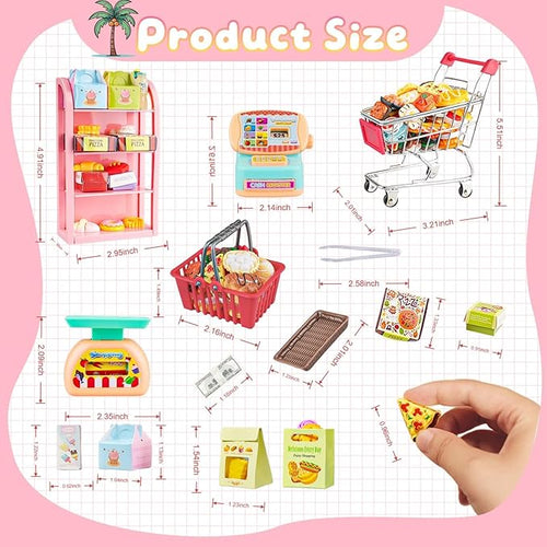 196Pcs Dollhouse Miniature Store Grocery Accessories Mini Shopping Cart Basket 4 Three-Layer Shelves Supermarket Metal Handcart Resin Food Drink Bottle Cash Register Packaging Box