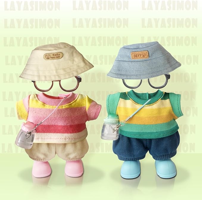 Clothes for 6.7in/17cm Dolls (Without Dolls) Sets and Accessories,6PCS (Hat + Glasses + t-Shirt + Pants + Water Bottle + Shoes), Collectors and As Gifts. (Pink and Yellow Duplex)