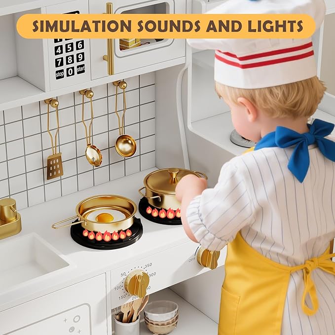 JOYDIAS Kids Play Kitchen Set, Pretend Wooden Kid Kitchen Playset Toy Kitchen w/Sound and Light, Oven, Washing Machine, Toy Coffee Station and Toddler Kitchen Accessories for Kids Age 3+