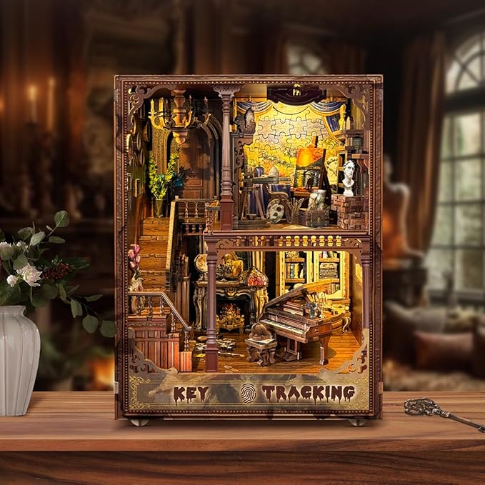 Book Nook Kit-DIY Dollhouse Kit Wooden Miniature Studio with Dust Cover Bookshelf Decor 3D Puzzle Book Nooks for Adults to Build Gift-Key Tracking (SQ-31)