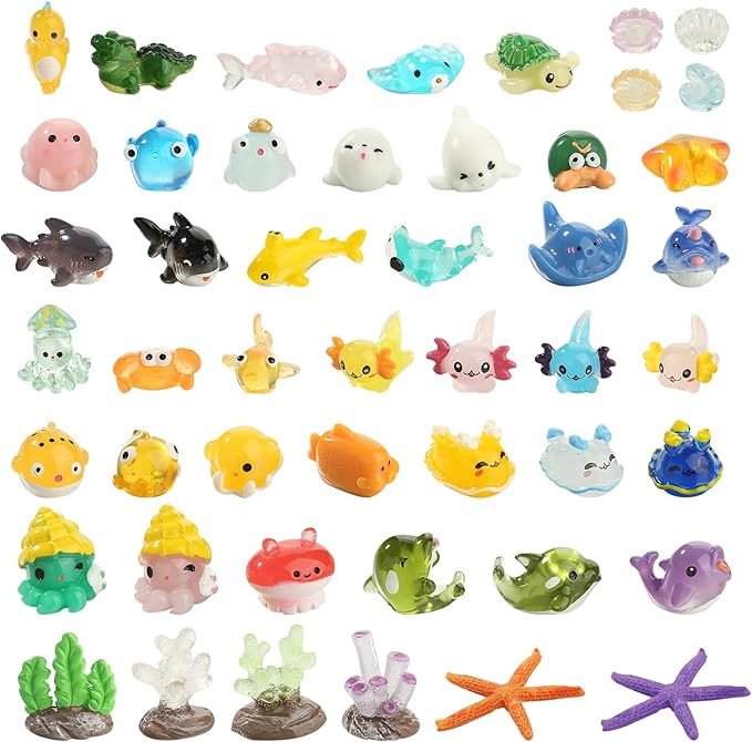 48pcs Mini Ocean Resin Animals Tiny Sea Animals Figurines Marine Miniature Plastic Aquarium Ornaments Decorations for DIY Fish Tank Potted Micro Fairy Garden Dollhouse Accessory