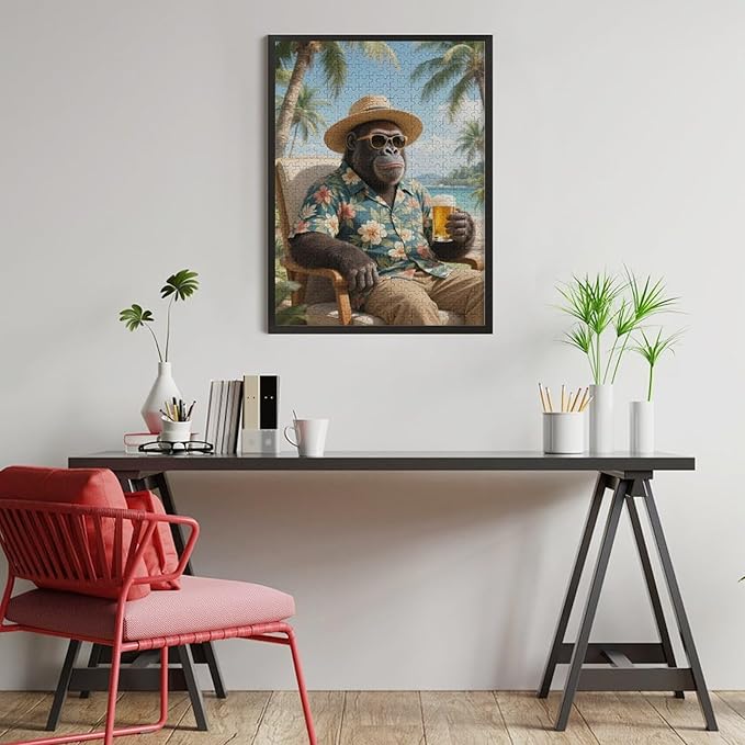 Summer Gorilla – 1000 Piece Creative Animal Wooden Jigsaw Puzzle, Summer Gorilla Illustration, Brain Challenge, Relaxing Hobby, Family Entertainment